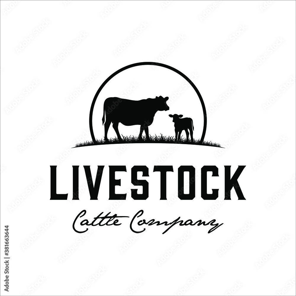 Cow and calf in the grass field with a classic design style
