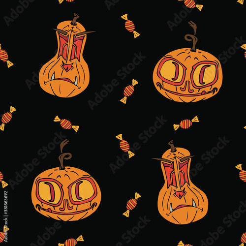 Halloween, October 31 All Saints Day, seamless pattern, attributes of a happy holiday, curse pumpkin, sweets, postcards, print, poster