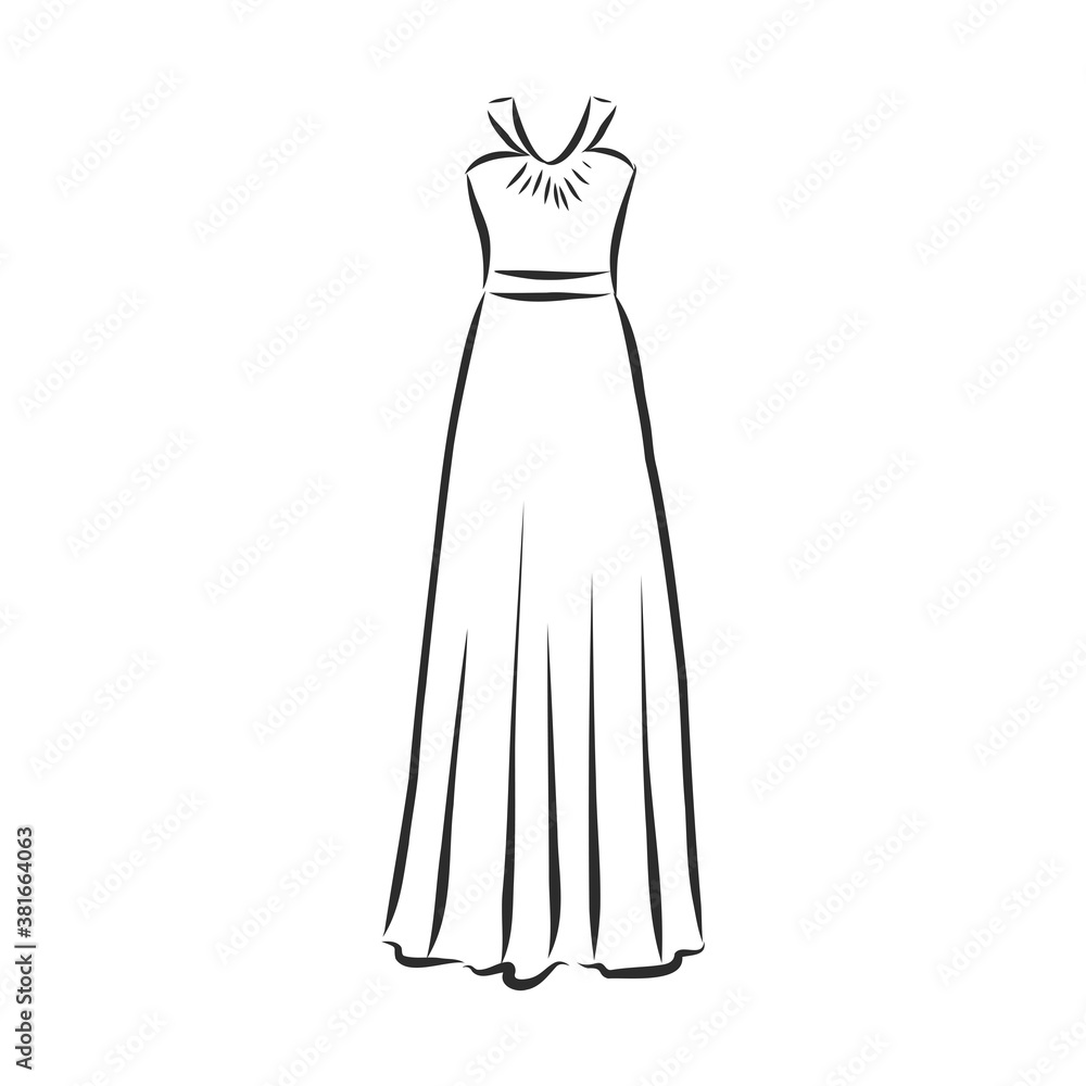women's dresses. Hand drawn vector illustration. Black outline drawing isolated on white background women's dress, vector sketch illustration