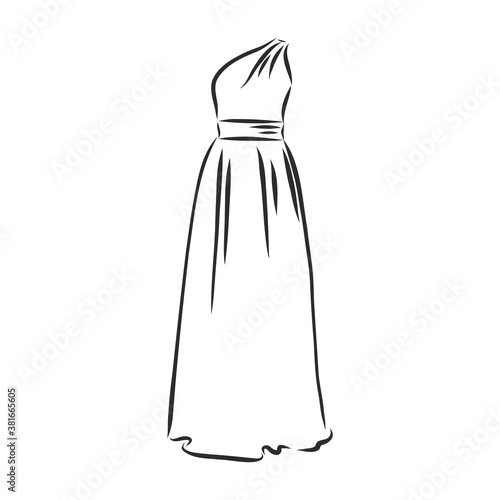 women s dresses. Hand drawn vector illustration. Black outline drawing isolated on white background women s dress  vector sketch illustration