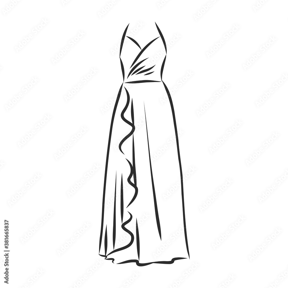 women's dresses. Hand drawn vector illustration. Black outline drawing isolated on white background women's dress, vector sketch illustration women's dresses. Hand drawn vector illustration. Black outline drawing isolated on white background women's dress, vector sketch illustration