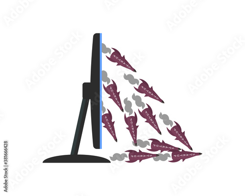 The concept of useless unrealized startups. Rockets with the inscription Startup are falling down from the computer screen. Side view. Vector illustration.