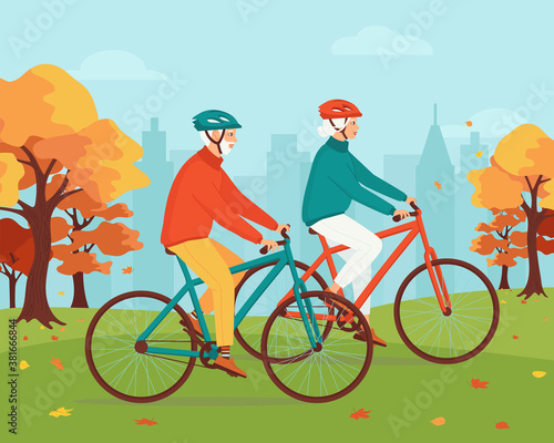 Healthy elderly gray-haired man and woman ride bicycles in the autumn city park. Healthy lifestyle concept for seniors, outdoor activities in retirement. Happy mature family. Cute vector illustration