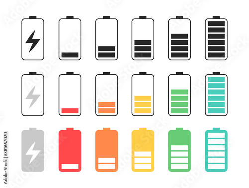 Battery vector icons. Color collection of battery power.