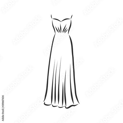 women s dresses. Hand drawn vector illustration. Black outline drawing isolated on white background women s dress  vector sketch illustration