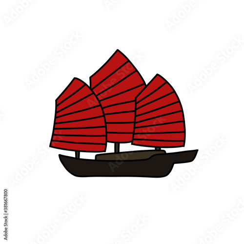 chinese traditional ship doodle icon, vector color illustration