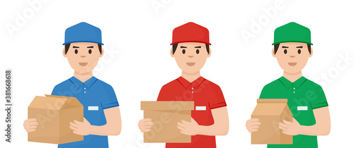 Goods delivery service. Man deliver or postman. Couriers with boxes in hands. Vector illustration