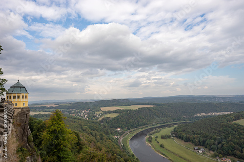 View from Fortress Koenigstein to the river Elbe and the landscape in Saxony Switzerland. Germany