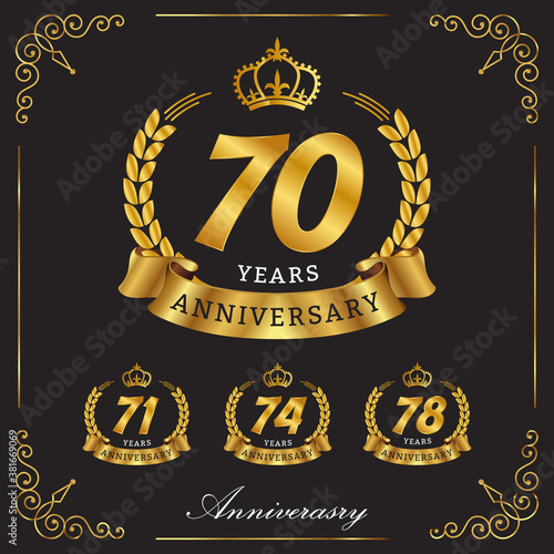 set 80, 82, 85, 89 th golden anniversary logo, with gold ribbon, laurel wreath isolated on black background, vector design for birthday celebration photo