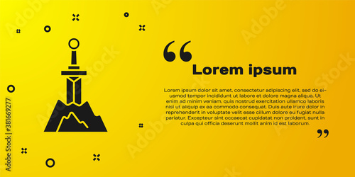 Black Sword in the stone icon isolated on yellow background. Excalibur the sword in the stone from the Arthurian legends. Vector.