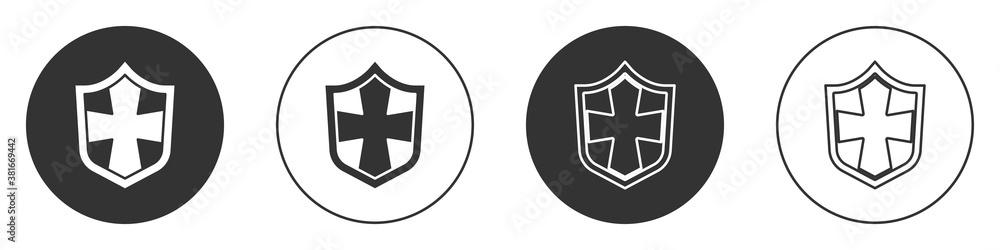 Black Shield icon isolated on white background. Guard sign. Security, safety, protection, privacy concept. Circle button. Vector. Black Shield icon isolated on white background. Guard sign. Security, safety, protection, privacy concept. Circle button. Vector.