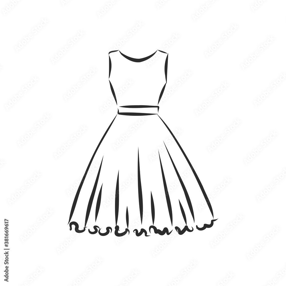 women's dresses. Hand drawn vector illustration. Black outline drawing isolated on white background women's dress, vector sketch illustration women's dresses. Hand drawn vector illustration. Black outline drawing isolated on white background women's dress, vector sketch illustration