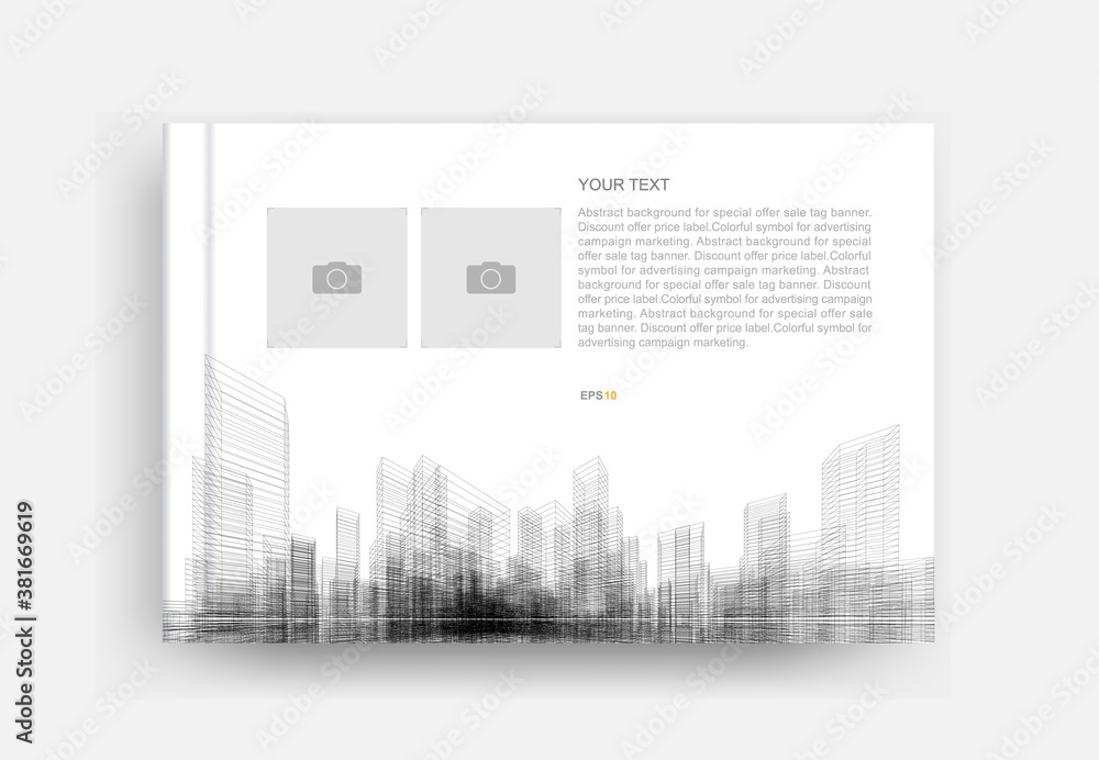 Magazine book cover with image of city wireframe perspective and blank photo frame area. Vector.