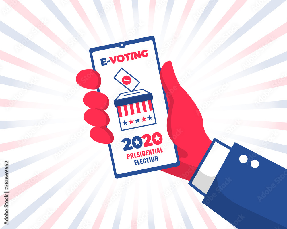 Man's hand with phone voting online for 2020 USA presidential election. E-voting concept