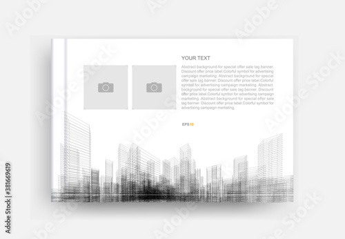 Magazine book cover with image of city wireframe perspective and blank photo frame area. Vector.