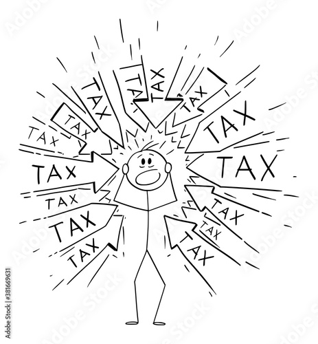Vector cartoon stick figure drawing conceptual illustration of stressed man or businessman with many arrows pointing at him requesting to pay tax or taxes. Financial concept.