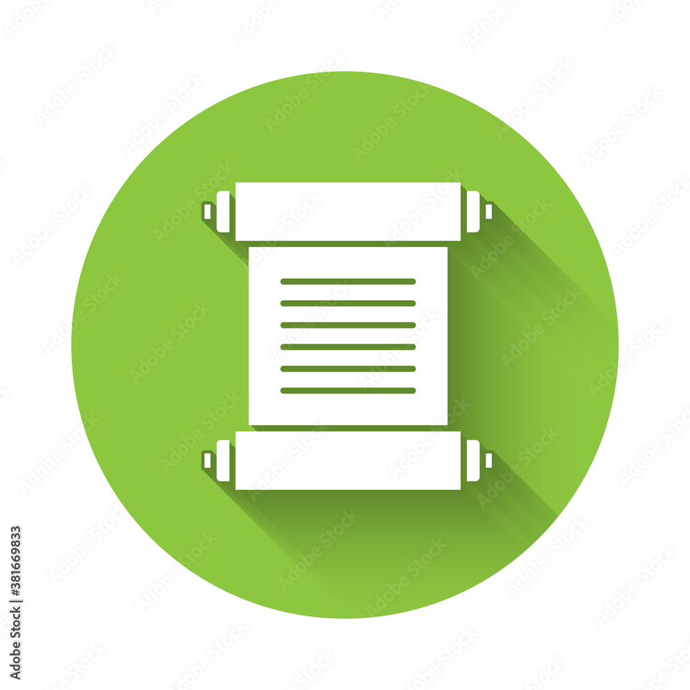 White Decree, paper, parchment, scroll icon icon isolated with long shadow. Green circle button. Vector. White Decree, paper, parchment, scroll icon icon isolated with long shadow. Green circle button. Vector.