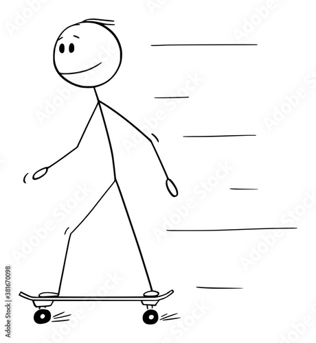 Vector cartoon stick figure drawing conceptual illustration of man, boy, skater or skateboarder riding or skateboarding on skateboard.