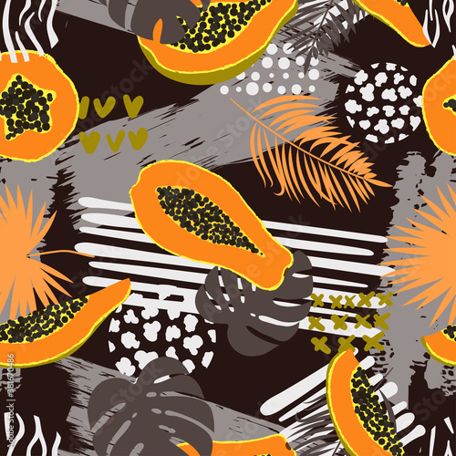 Seamless abstract fruit tropical pattern with palm leaves and papaya.