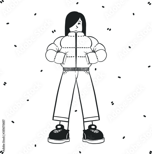 Young woman in a  puffer jacket. Isolated person illustration. Hand-drawn vector people. Autumn outfit illustration. Modern woman illustration for web and print. Person is isolated.