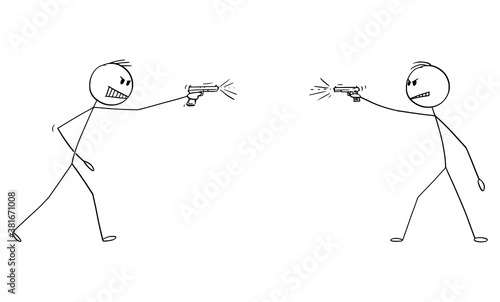 Vector cartoon stick figure drawing conceptual illustration of two dangerous angry men shooting a weapon, gun handgun or pistol at each other.