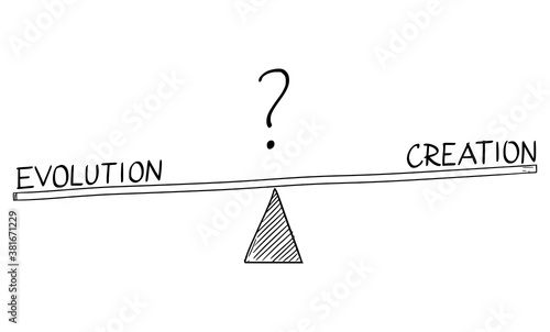 Rough Doodle Vector cartoon drawing of evolution and creation on simple balance scales. Evolutionism versus creationism. Religion against science.