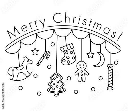 Merry Christmas line art vector illustration for a greeting card - toy horse, candy, stocking, crescent moon, fir-tree, cookie, stars, cookie-man. Simple style. Black and white. Christmas card design