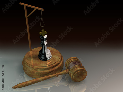 The hammer of justice and the black-and-white chess piece of the black - and-white king under the gallows. The concept of punishing the head of the people. 3D rendering. photo