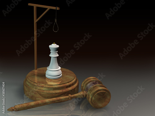 The hammer of justice and the black and white Queen chess piece under the gallows. The concept of punishing officials. 3D rendering. photo