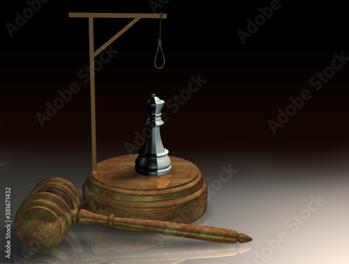 The hammer of justice and the black-and-white chess piece Queen under the gallows. The concept of punishing traitorous officials. 3D rendering. photo