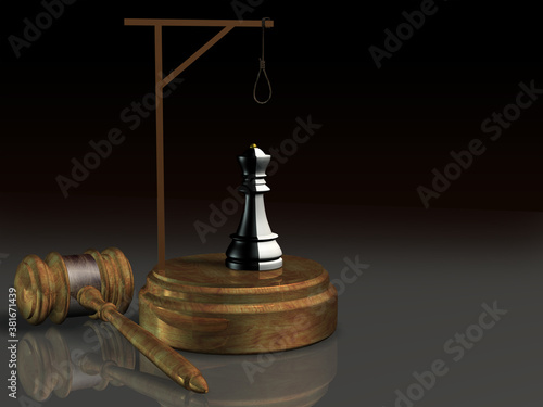 The hammer of justice and the black-and-white chess piece Queen under the gallows. The concept of punishing traitorous officials. 3D rendering. photo