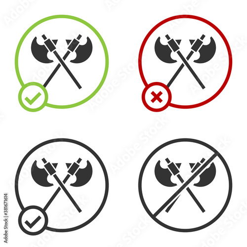Black Crossed medieval axes icon isolated on white background. Battle axe, executioner axe. Medieval weapon. Circle button. Vector.