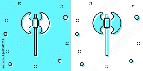 Black line Medieval axe icon isolated on green and white background. Battle axe, executioner axe. Medieval weapon. Random dynamic shapes. Vector.