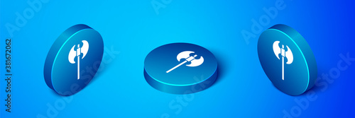 Isometric Medieval axe icon isolated on blue background. Battle axe, executioner axe. Medieval weapon. Blue circle button. Vector.