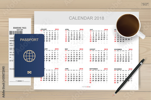 Abstract calendar background with passport and coffee cup on wood. Background for tourism and traveling idea. Vector.