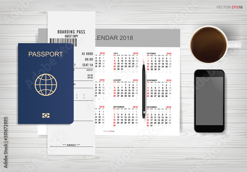 Abstract calendar background with passport and coffee cup on wood. Background for tourism and traveling idea. Vector.
