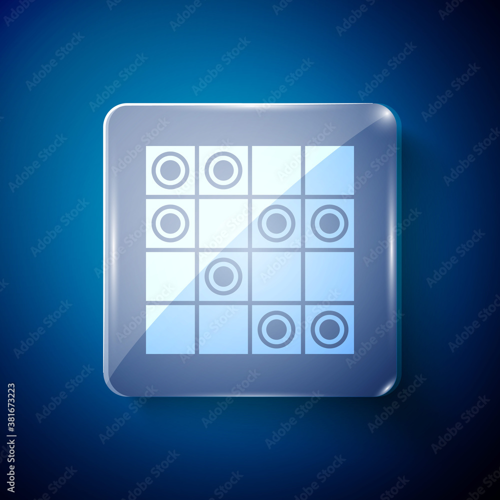 White Board game of checkers icon isolated on blue background. Ancient Intellectual board game. Chess board. White and black chips. Square glass panels. Vector.