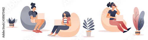 Freelancer working at coworking office. Flat style cartoon faceless character. Lifestyle, creativity concept. Minimal vector illustration.