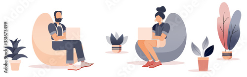 Freelancer working at coworking office. Flat style cartoon faceless character. Lifestyle, creativity concept. Minimal vector illustration.