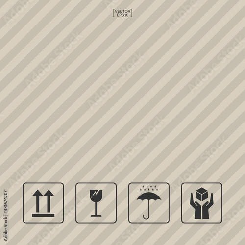 Packaging icon set of fragile care sign and symbol on brown pattern for background. Vector.