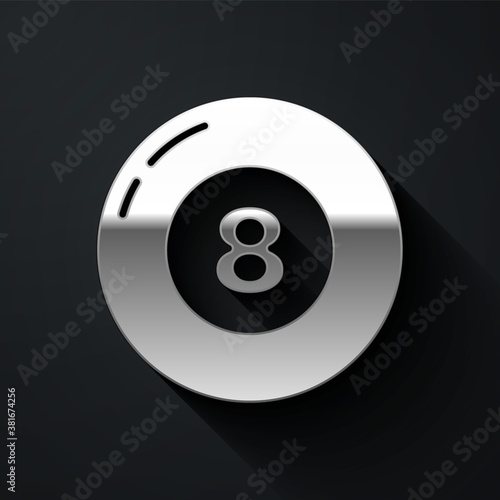 Silver Billiard pool snooker ball icon isolated on black background. Long shadow style. Vector.