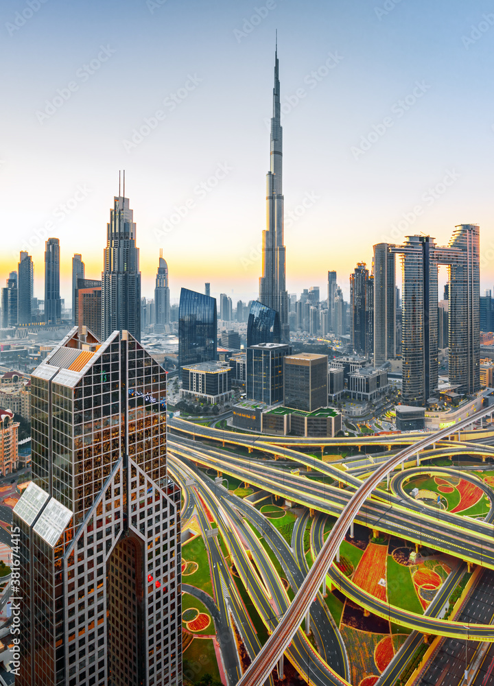 Dubai downtown, amazing city center skyline with luxury skyscrapers, United Arab Emirates