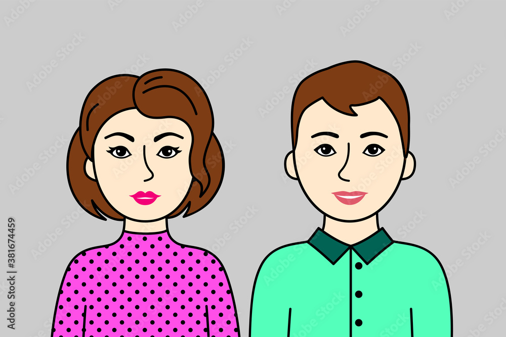 Two young adults, European family, man and woman with brown hair. Pair of friendly nice people, cartoon simple portrait. Vector flat design, easy to edit. Two young adults, European family, man and woman with brown hair. Pair of friendly nice people, cartoon simple portrait. Vector flat design, easy to edit.