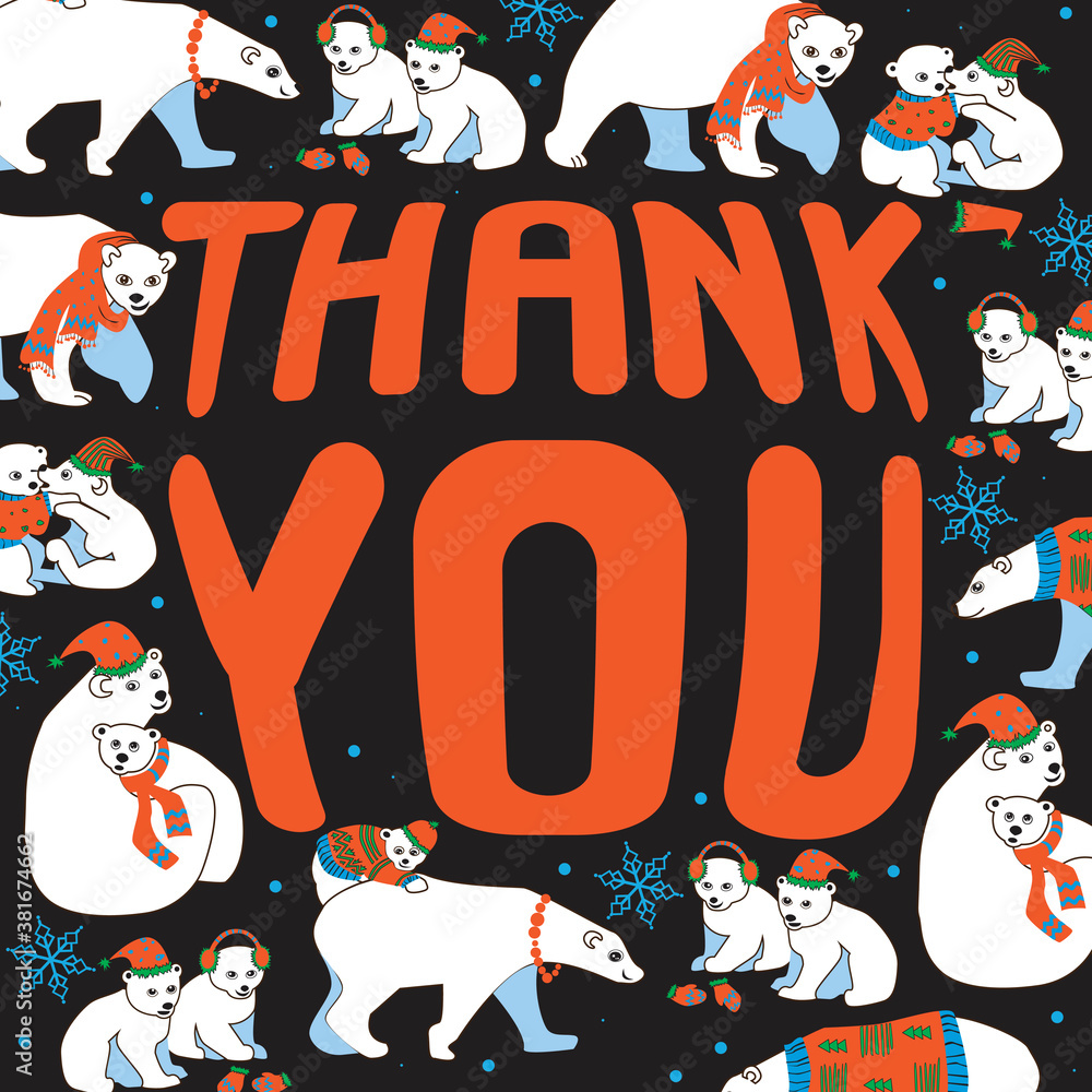 Lettering with text Thank you with animals, polar bears for web, flat vector stock illustration on black background