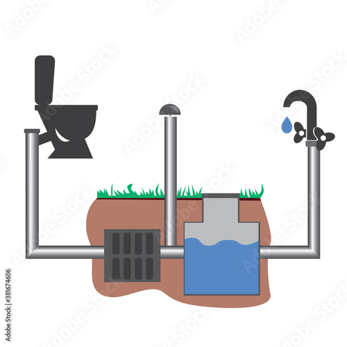 Water reuse as water saving concept, sewerage filtration, eco water pipe, flat vector illustration isolated on white background