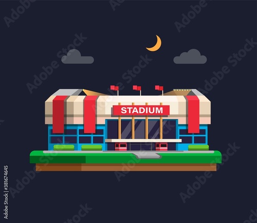 Arena sport stadium building in night concept in flat cartoon illustration vector