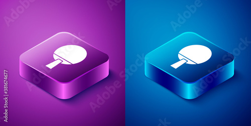 Isometric Racket for playing table tennis icon isolated on blue and purple background. Square button. Vector.