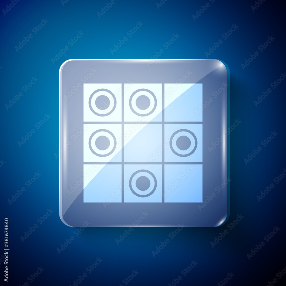 White Board game of checkers icon isolated on blue background. Ancient Intellectual board game. Chess board. White and black chips. Square glass panels. Vector. White Board game of checkers icon isolated on blue background. Ancient Intellectual board game. Chess board. White and black chips. Square glass panels. Vector.