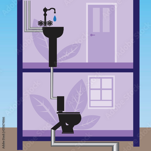 Reuse of sewage or wastewater in home as water saving concept, eco friendly lifestyle, eco filtration, flat vector stock illustration with toilet bowl, sink