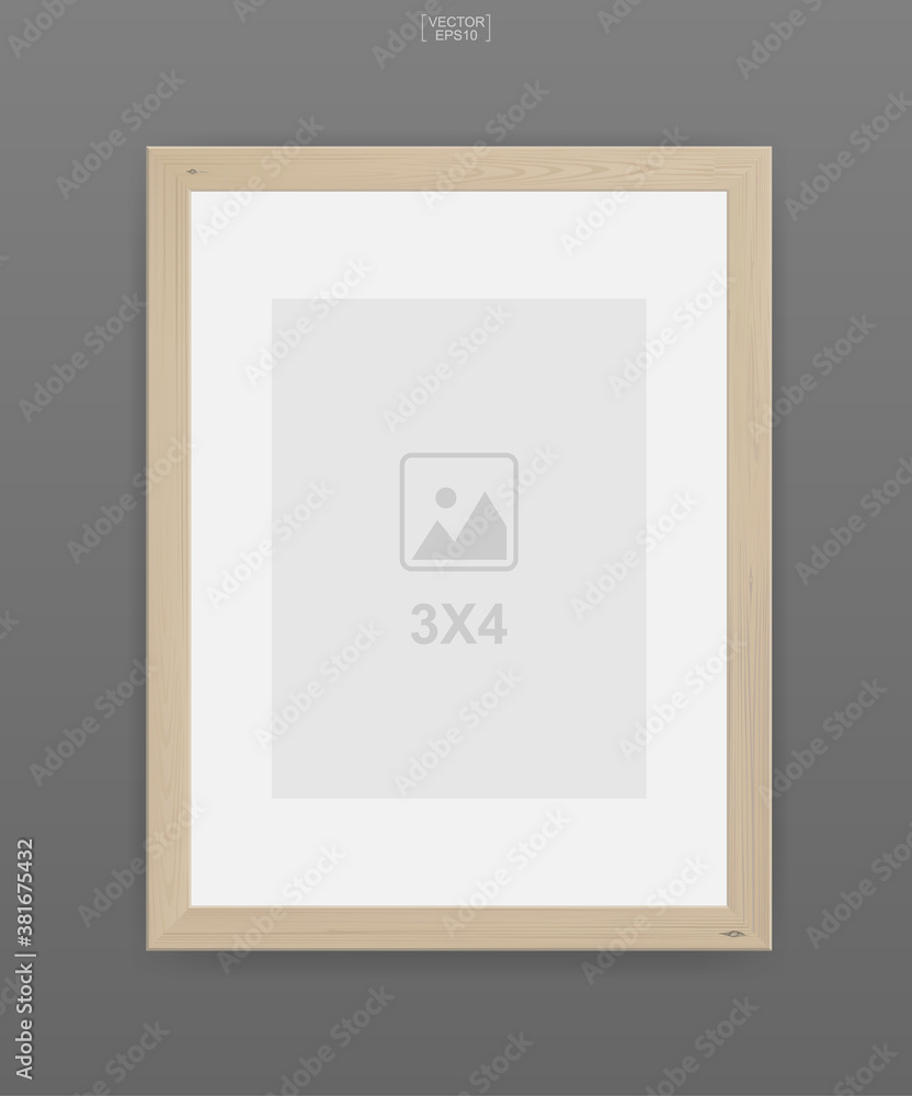 Wooden photo frame or picture frame on gray background. For interior design and decoration. Vector.